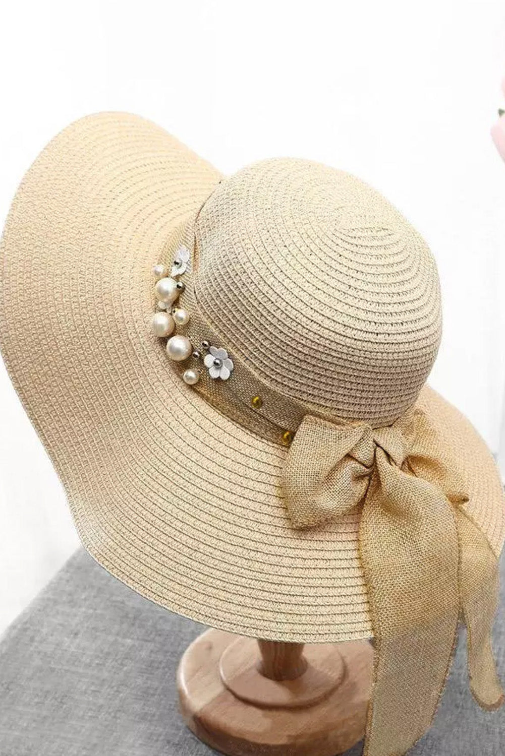 Beige Floral Pearl Bowknot Straw Hat Hats & Caps JT's Designer Fashion