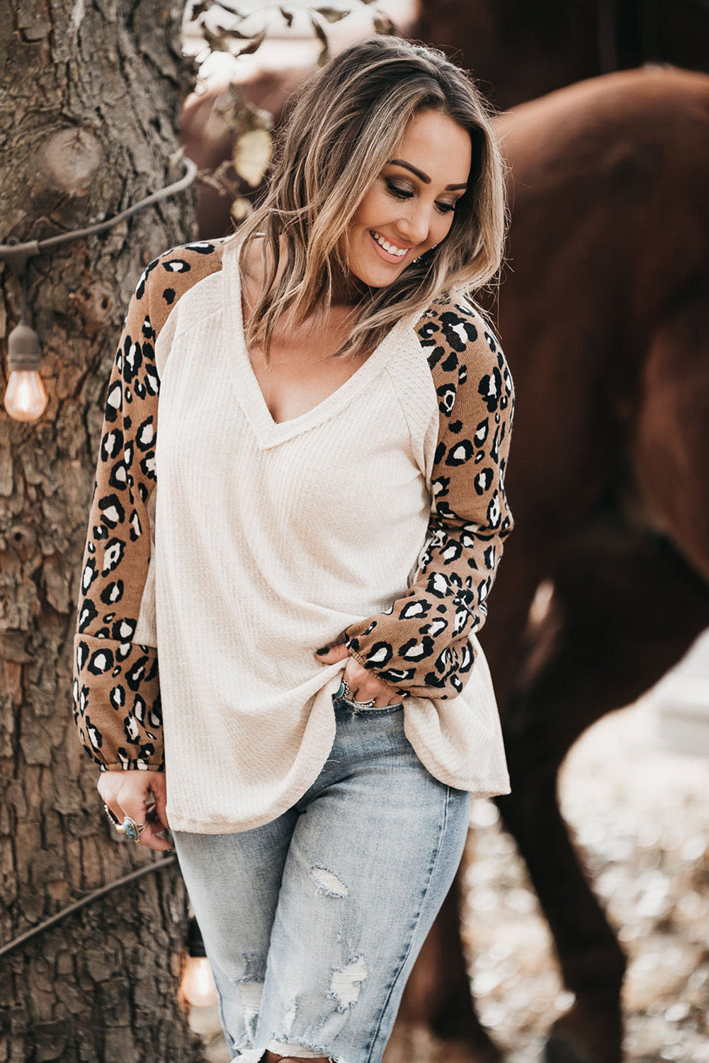 Beige Printed Plus Waffle Knit Contrast Leopard Long Sleeve Top Plus Size JT's Designer Fashion