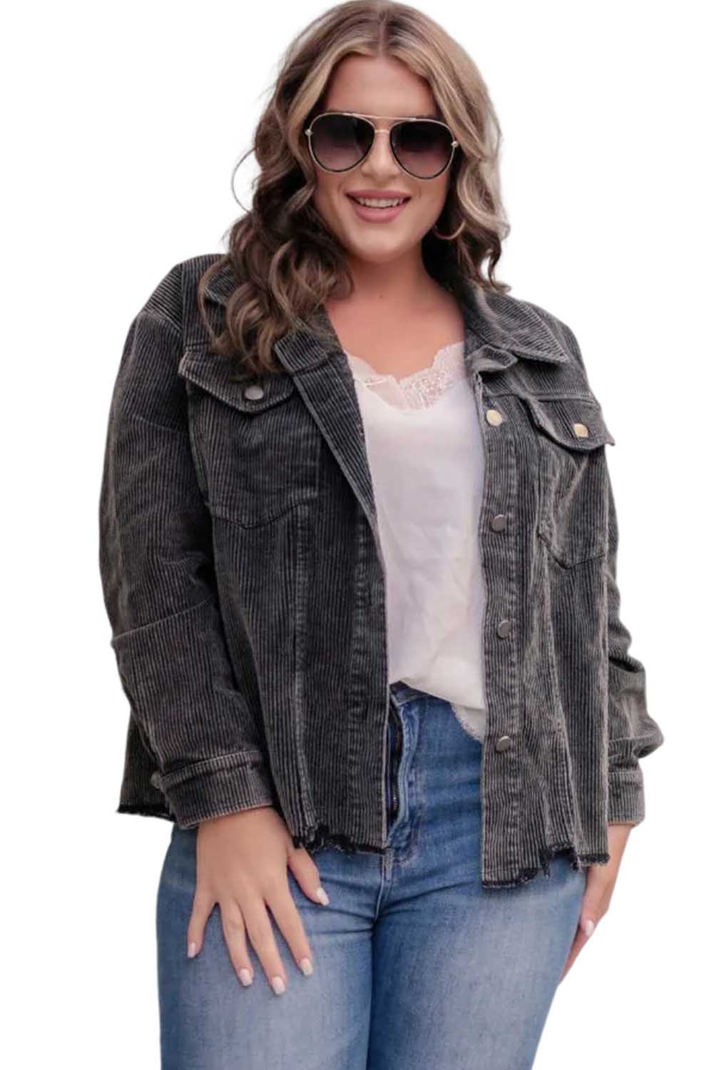 Gray Ribbed Flap Pocket Distressed Plus Size Corduroy Jacket Plus Size JT's Designer Fashion