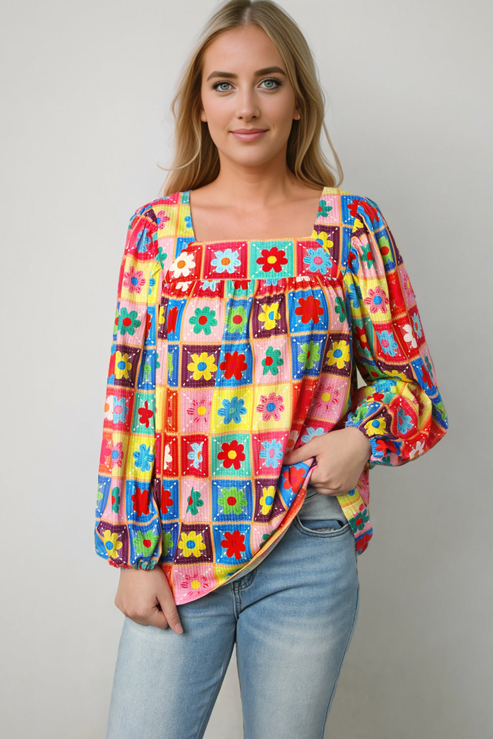 Multicolor Floral Crochet Square Neck Puff Sleeve Blouse Blouses & Shirts JT's Designer Fashion