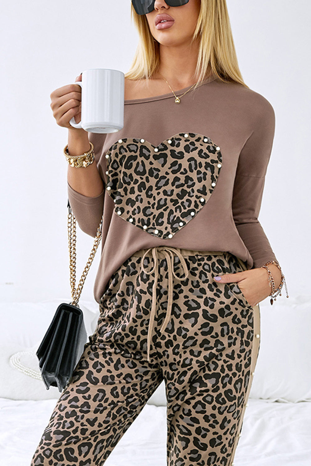 Coffee Pearl Embellished Heart Leopard Contrast Pants Set Bottoms JT's Designer Fashion