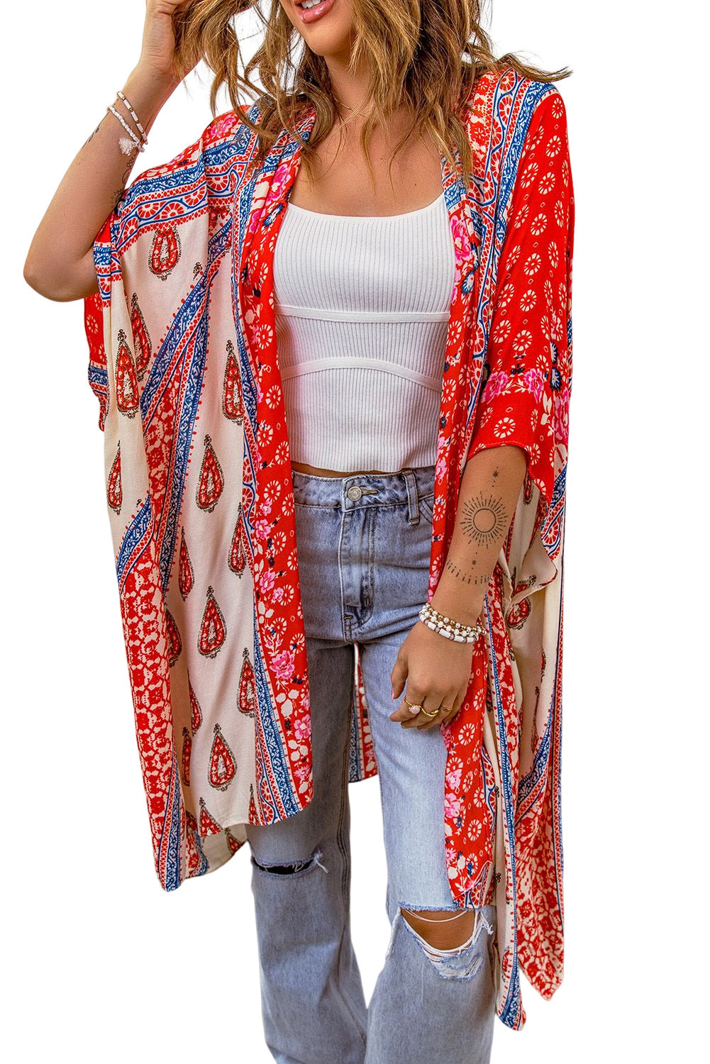 Red Long Paisley Print Kimono Beach Cover Up Kimono Kimonos JT's Designer Fashion