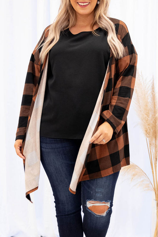 Brown Plus Size Plaid Pattern Open Front Cardigan Plus Size JT's Designer Fashion