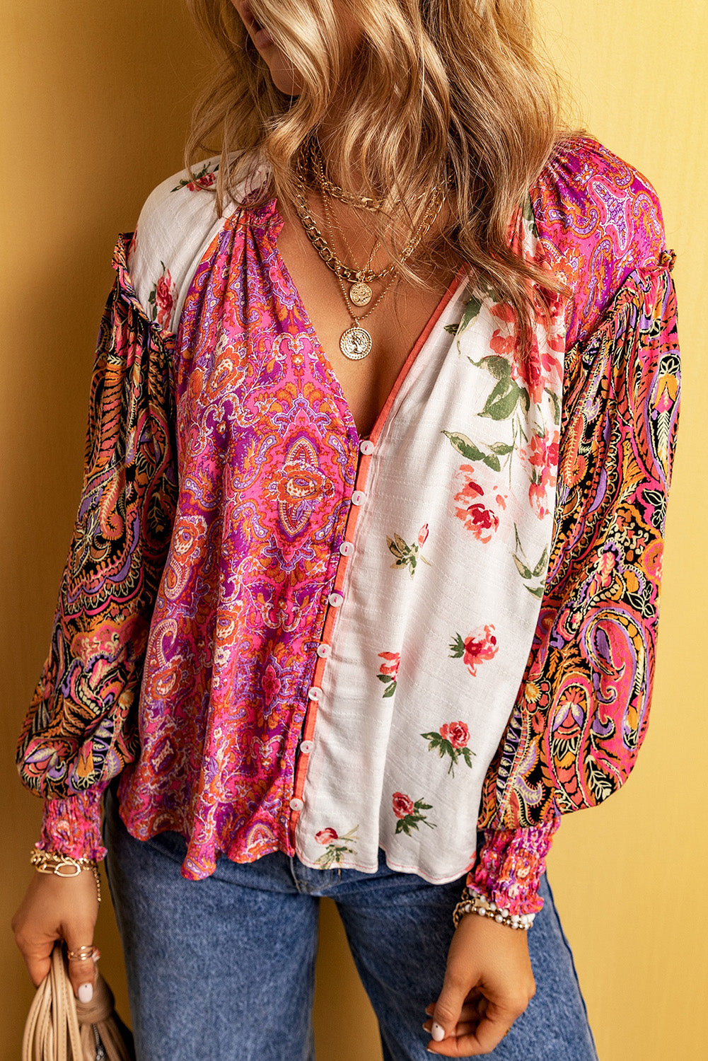 Multicolor Floral Patchwork Shirred Cuff Buttoned V Neck Blouse Tops & Tees JT's Designer Fashion