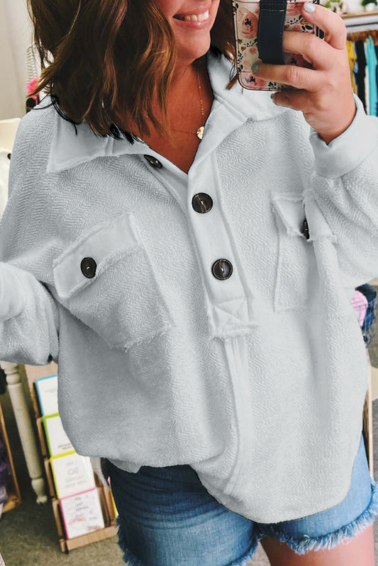 Light Grey White Plus Size Long Sleeve Flap Pocket Henley Top Plus Size JT's Designer Fashion