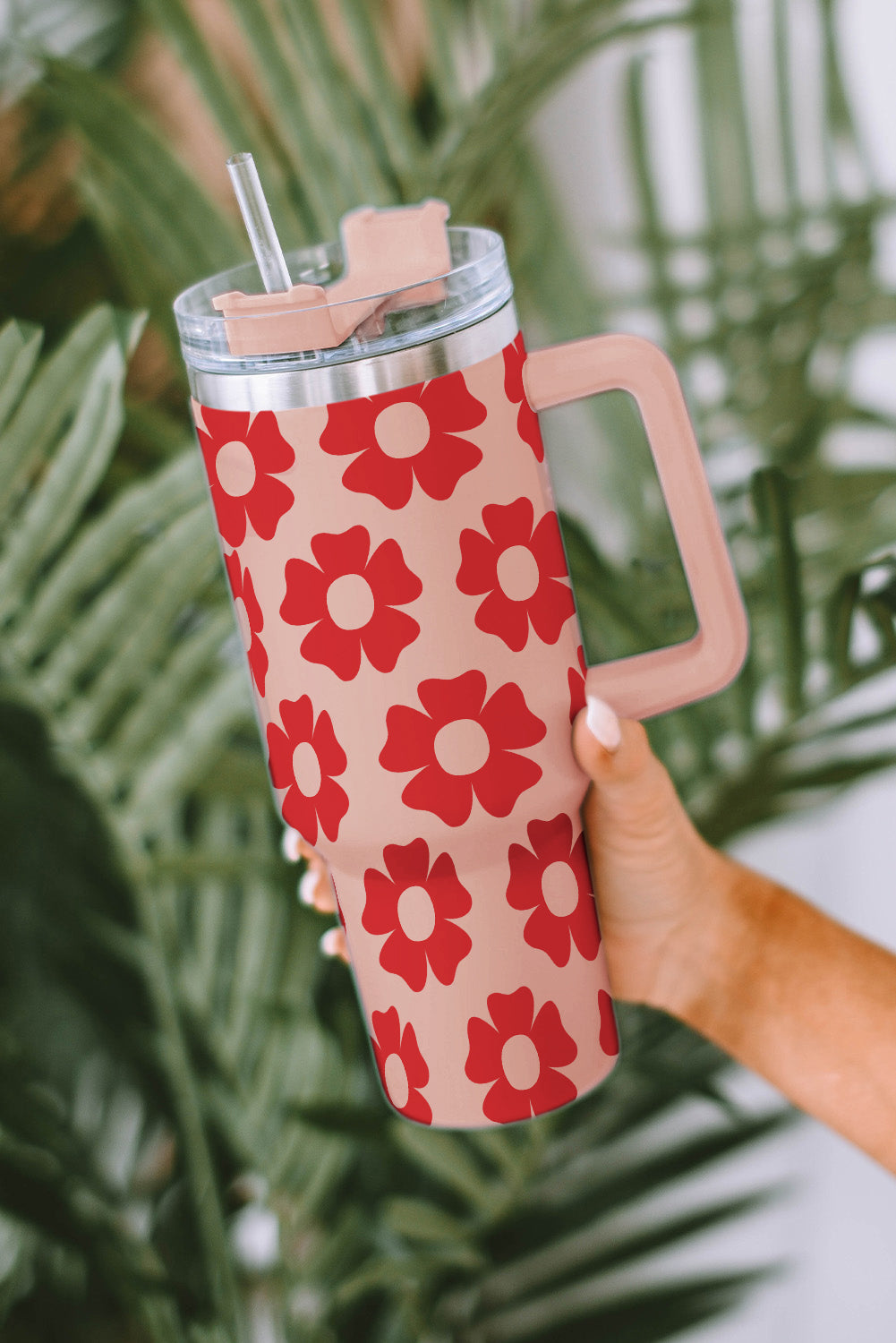 Red Flower Print Stainless Steel Water Bottle with Handle Tumblers JT's Designer Fashion