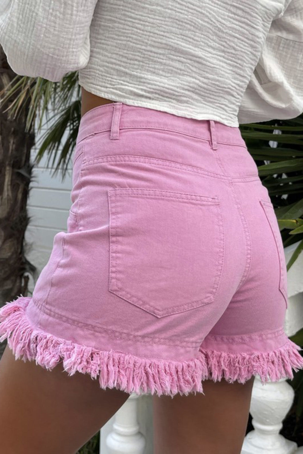 Pink Frayed Edge High Rise Denim Shorts Bottoms JT's Designer Fashion