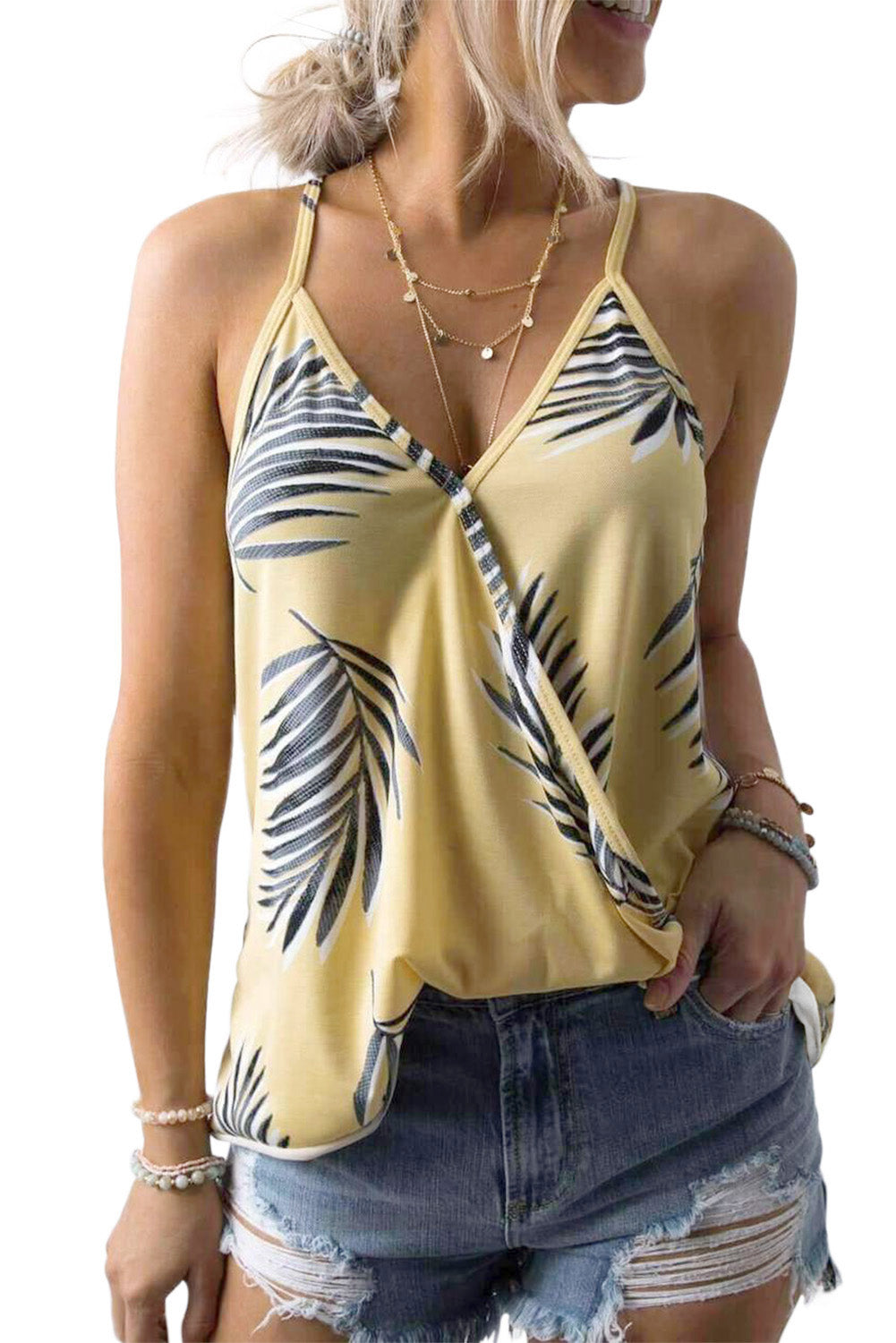 Yellow Tropical Plant Print Tank Top Tank Tops JT's Designer Fashion