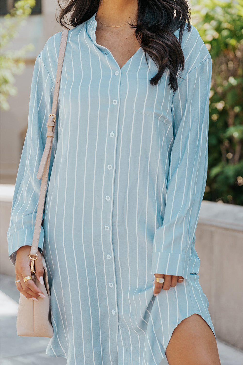 Sky Blue Striped Shirt Midi Dress with Sash T Shirt Dresses JT's Designer Fashion