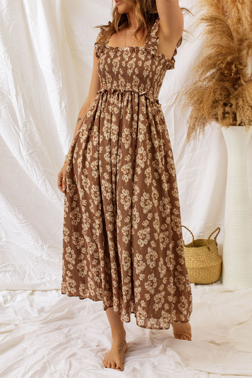 Brown Ruffled Straps Smocked Floral Maxi Dress Floral Dresses JT's Designer Fashion