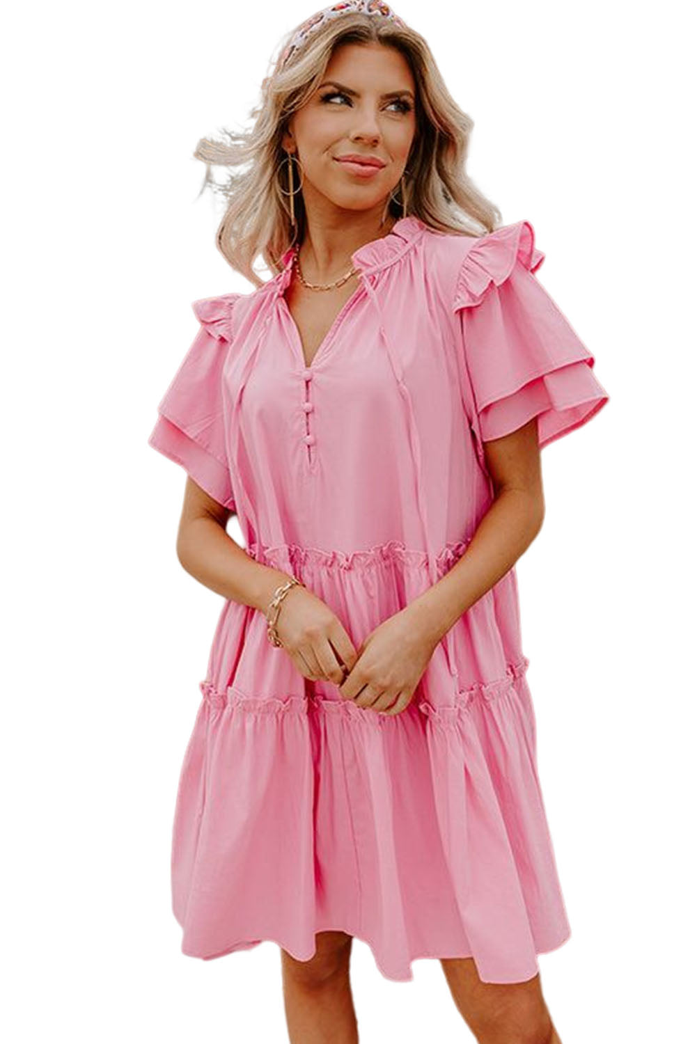 Pink V Neck Layered Ruffled Sleeves Mini Dress Mini Dresses JT's Designer Fashion