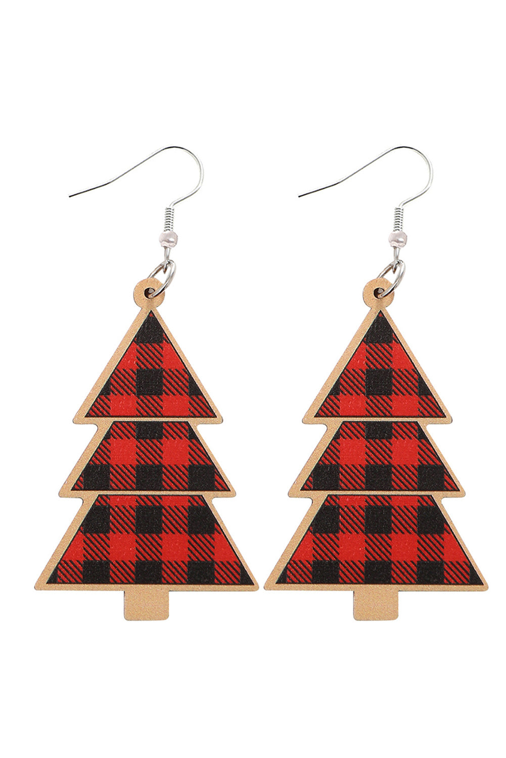 Red Plaid Christmas Tree Wooden Pendant Earrings Jewelry JT's Designer Fashion