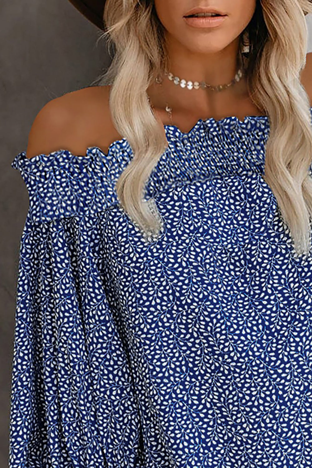 Blue Off Shoulder Floral Print Lantern Sleeve Blouse Blouses & Shirts JT's Designer Fashion