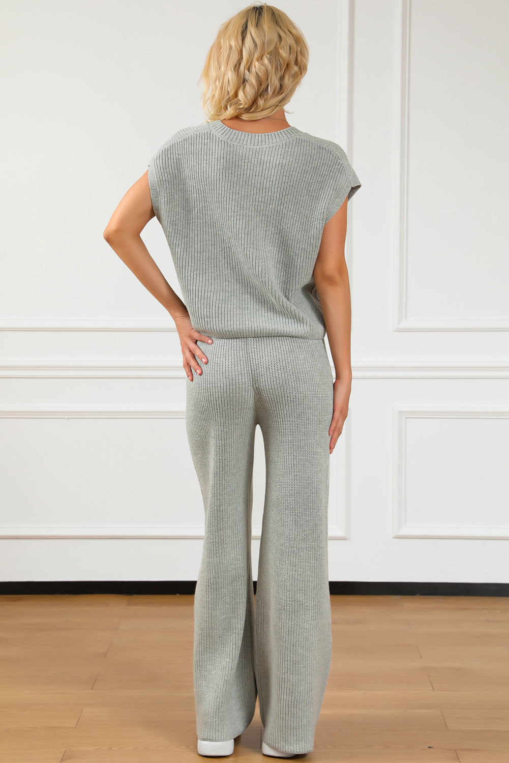 Gray Knitted V Neck Sweater and Casual Pants Set Bottoms JT's Designer Fashion