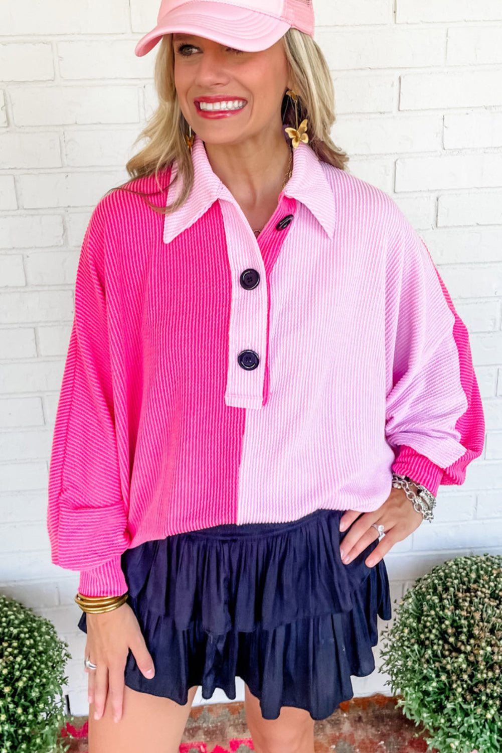 Pink Contrast Color Block Corded Polo Collar Blouse Tops & Tees JT's Designer Fashion