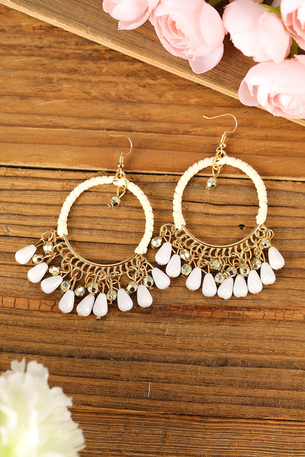 White Water Drop Dangled Boho O-ring Decor Earrings Jewelry JT's Designer Fashion