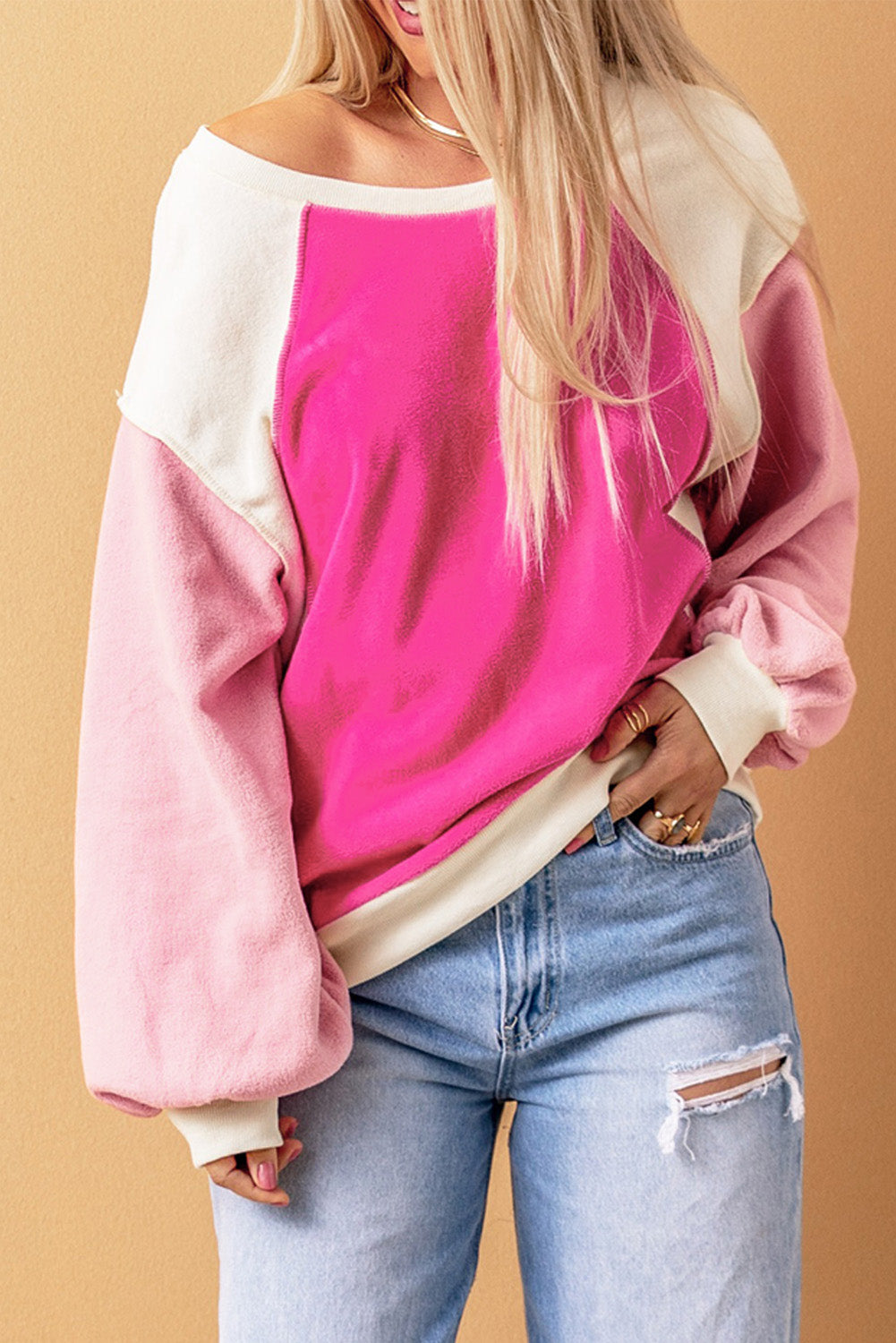 Barbie Style Rose Colorblock Long Sleeve Pullover Fleece Sweatshirt Sweatshirts & Hoodies JT's Designer Fashion