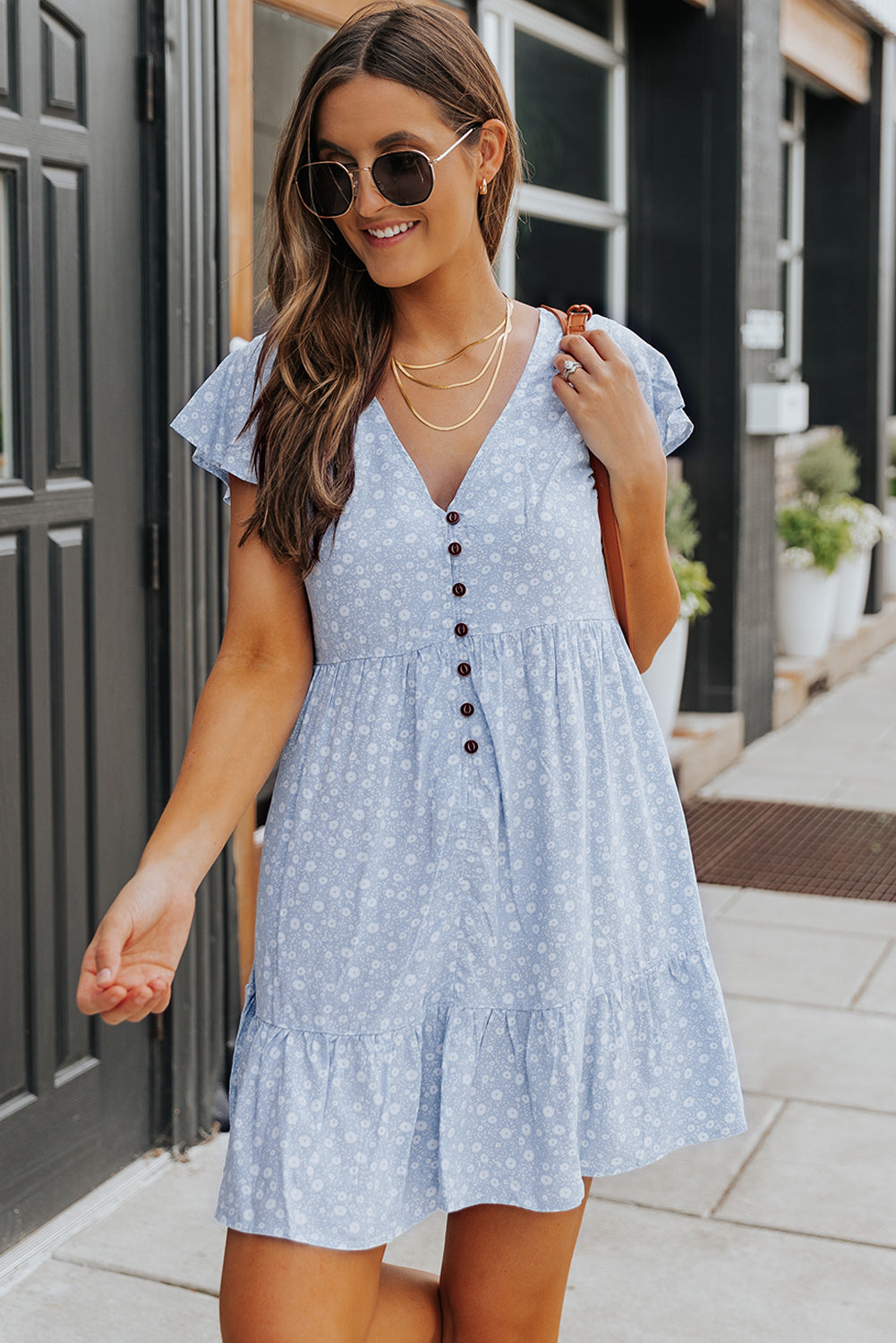 Sky Blue Floral V Neck Buttoned Babydoll Dress with Ruffled Hem Mini Dresses JT's Designer Fashion