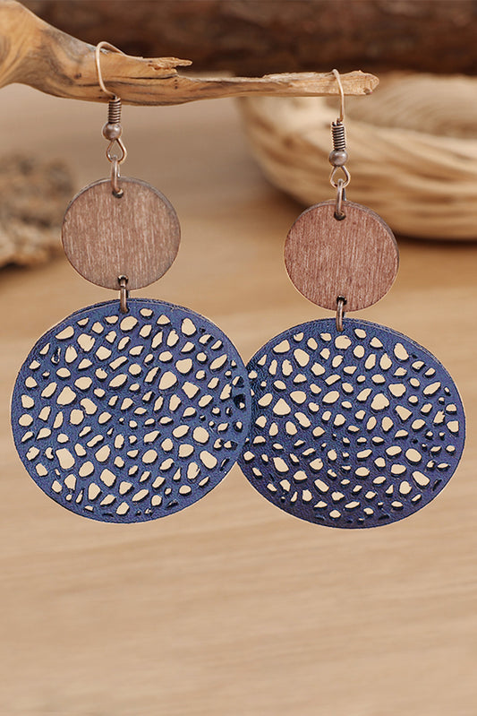 Blue Hollow Out Wooden Round Drop Earrings Jewelry JT's Designer Fashion