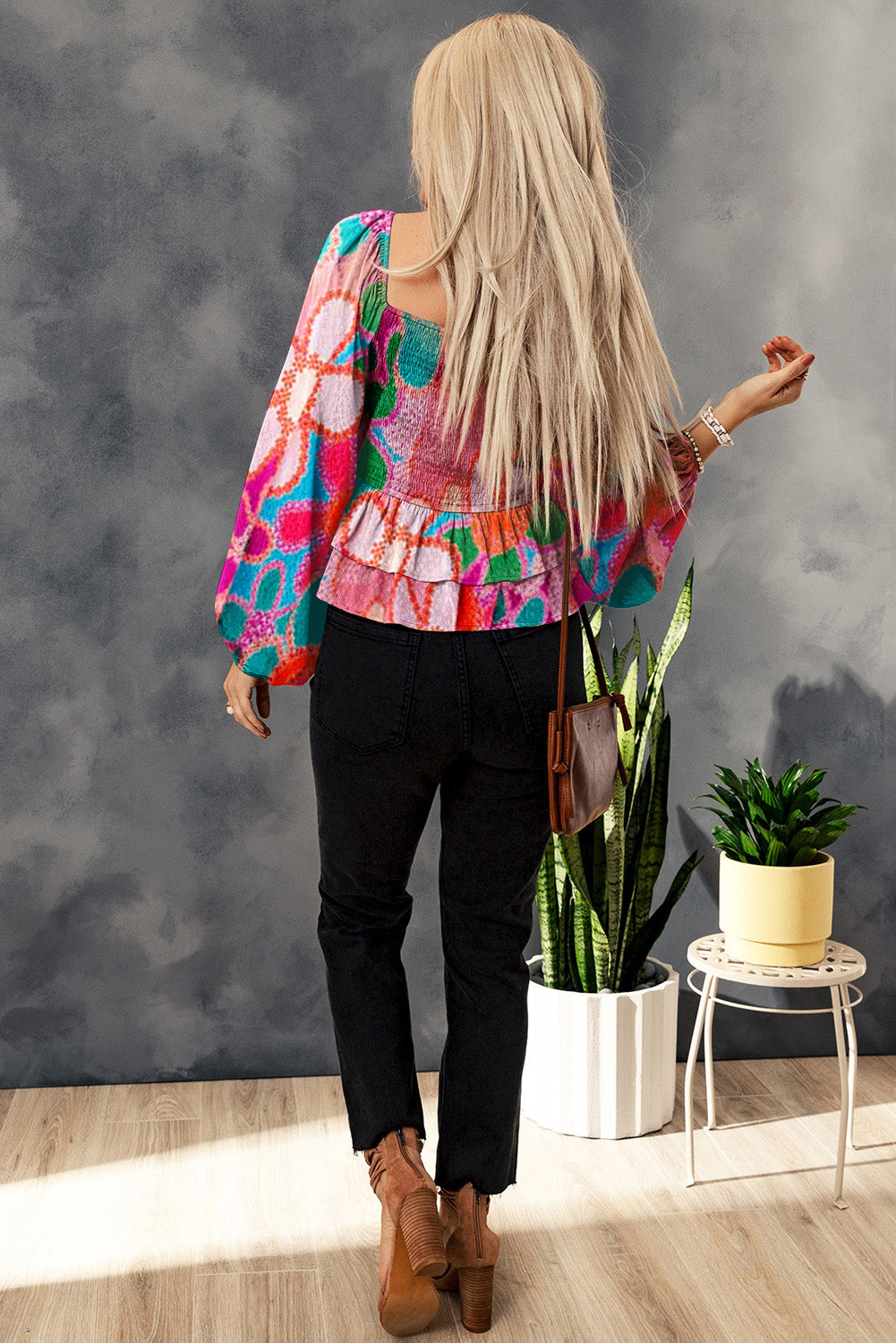 Multicolor Floral Print Smocked Square Neck Ruffles Blouse Tops & Tees JT's Designer Fashion