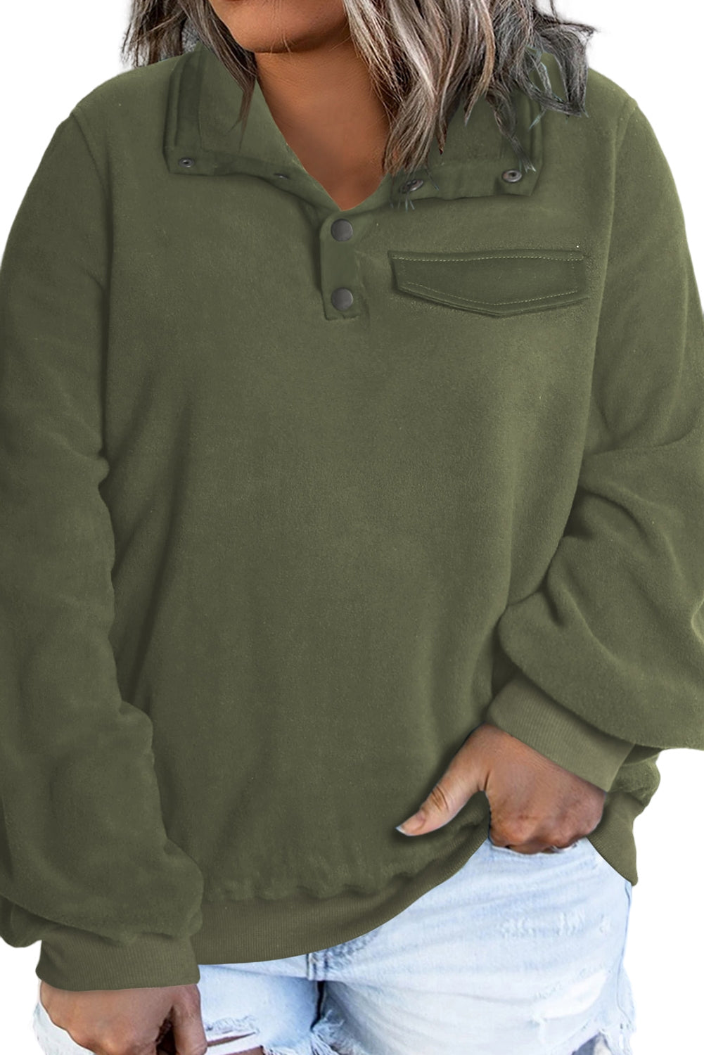 Green Button Split Neck Plus Size Fleece Sweatshirt Plus Size JT's Designer Fashion