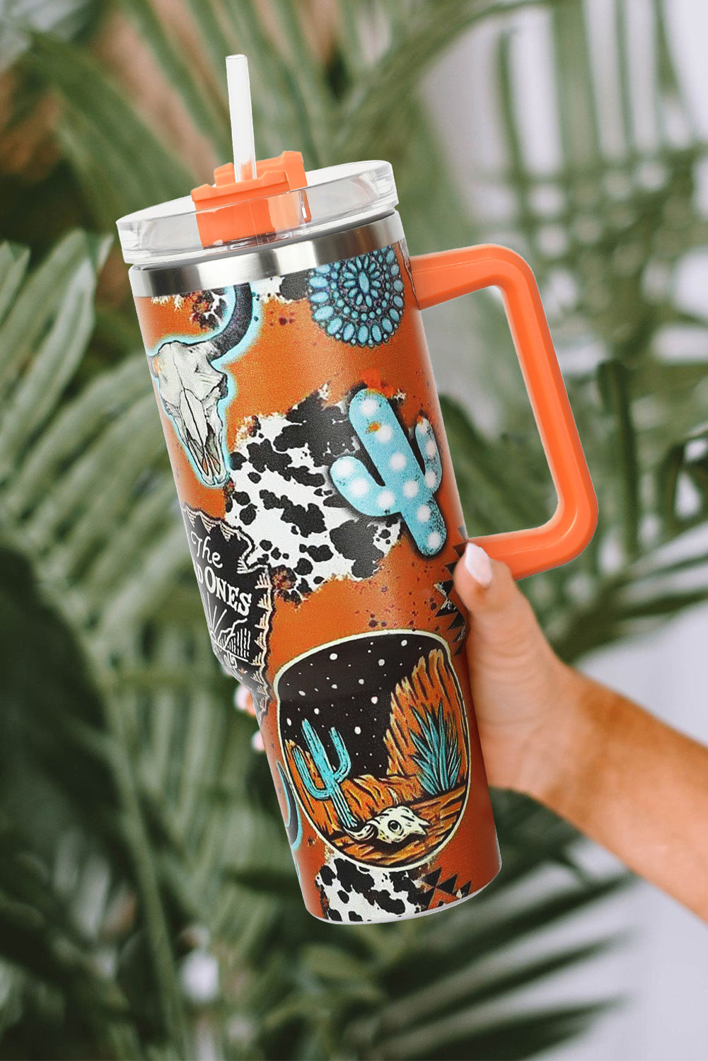 Orange Western Graphic Handled Stainless Tumbler with Straw Tumblers JT's Designer Fashion