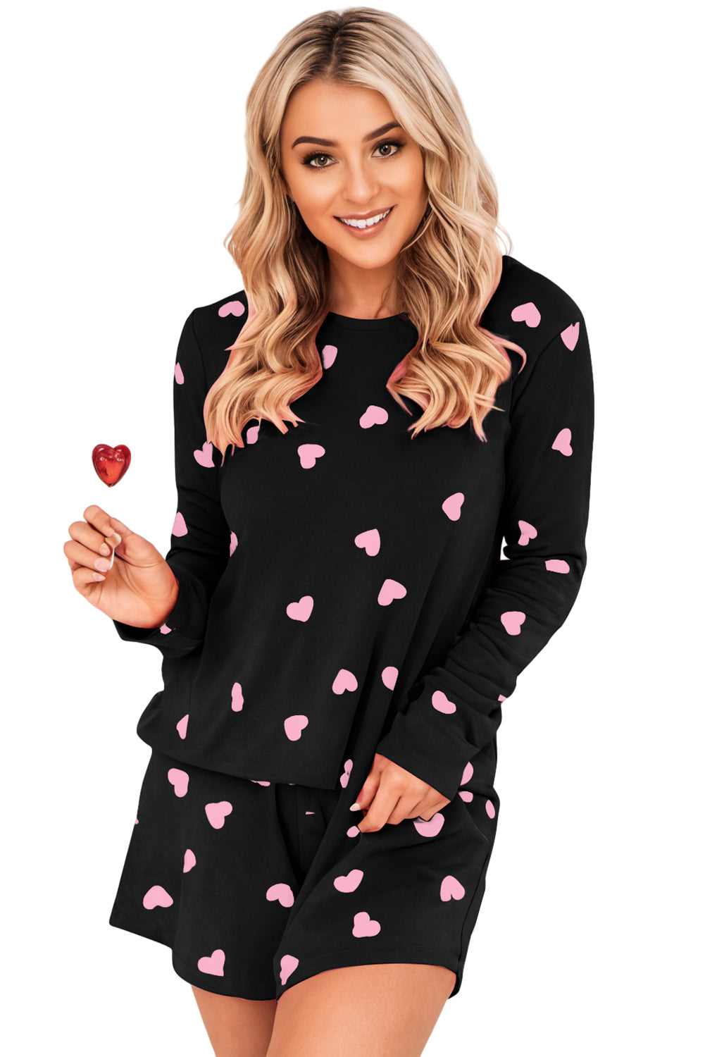 Black Valentine Heart Print 2pcs Shorts Lounge Set Loungewear JT's Designer Fashion