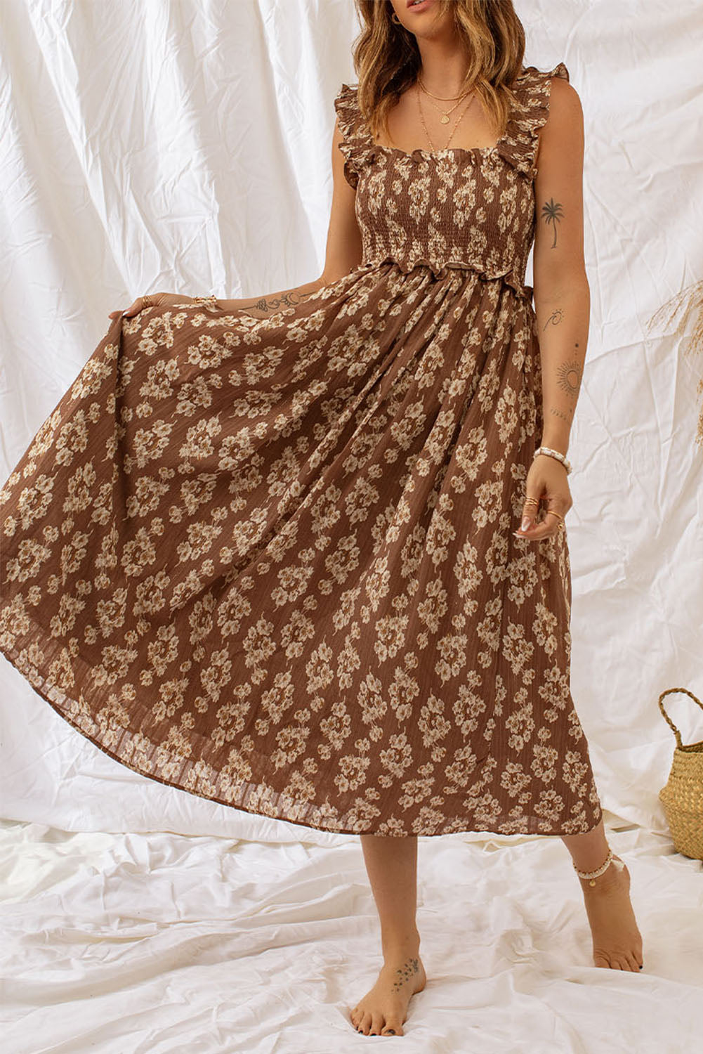 Brown Ruffled Straps Smocked Floral Maxi Dress Floral Dresses JT's Designer Fashion