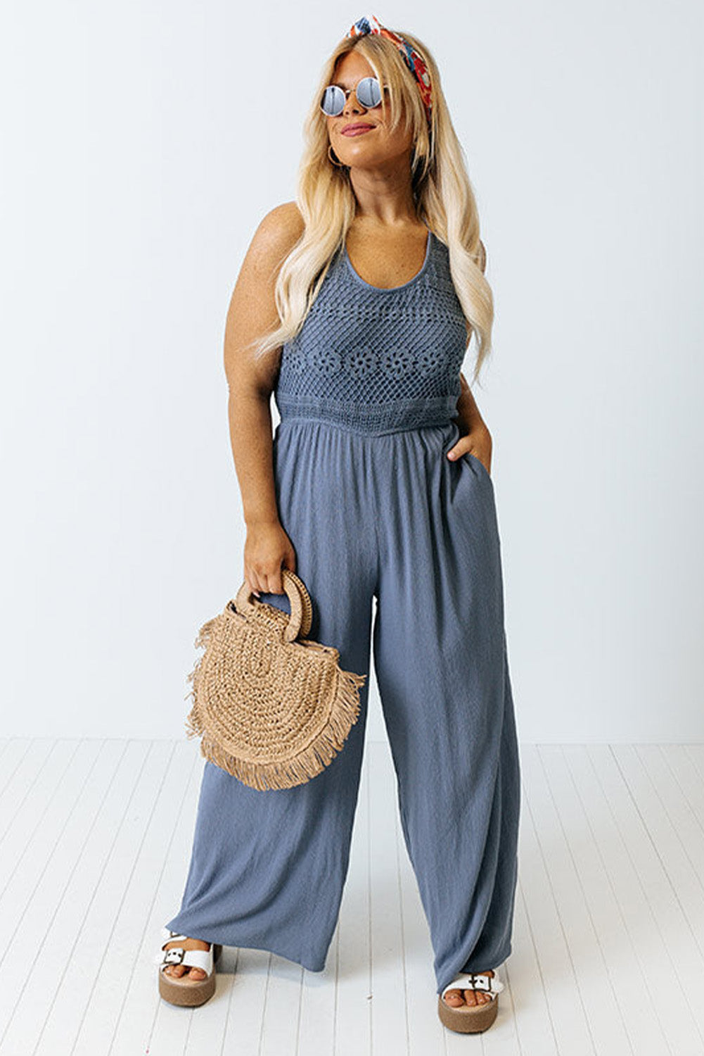 Blue Tie Back Crochet Tank Casual Plus Size Jumpsuit Plus Size Bottoms JT's Designer Fashion