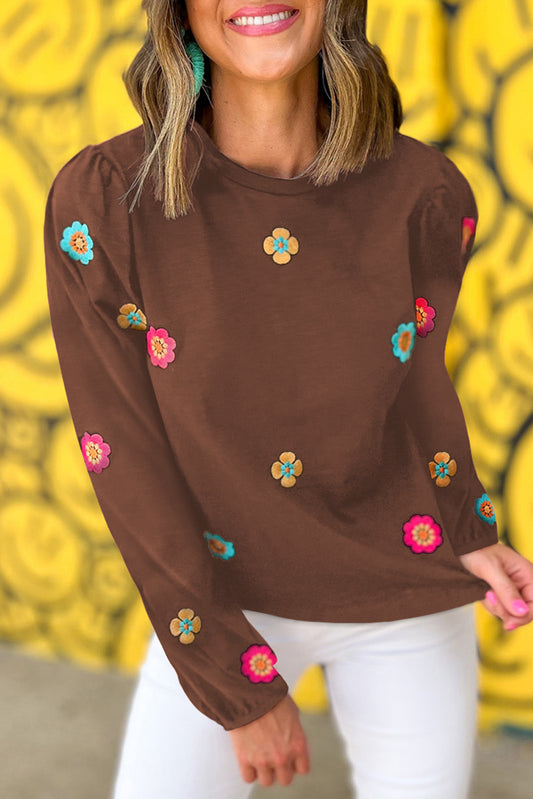 Coffee Floral Embroidered Puff Sleeve Blouse Tops & Tees JT's Designer Fashion