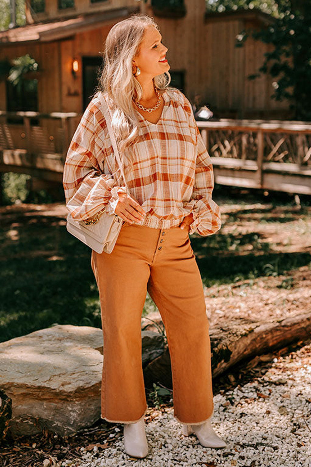 Orange Stripe Plus Plaid Shirred Split Neck Puff Sleeve Blouse Plus Size JT's Designer Fashion