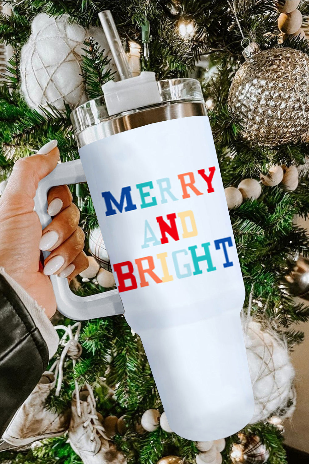 White Colorful MERRY AND BRIGHT Stainless Steel Vacuum Cup Tumblers JT's Designer Fashion