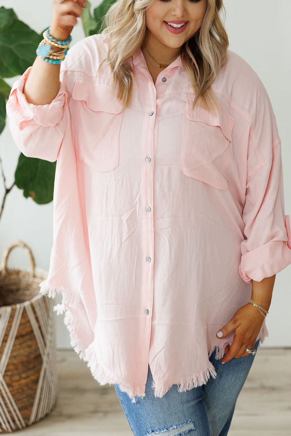 Pink Flap Pocket Tab Sleeve Button-Down Plus Size Shirt Plus Size JT's Designer Fashion