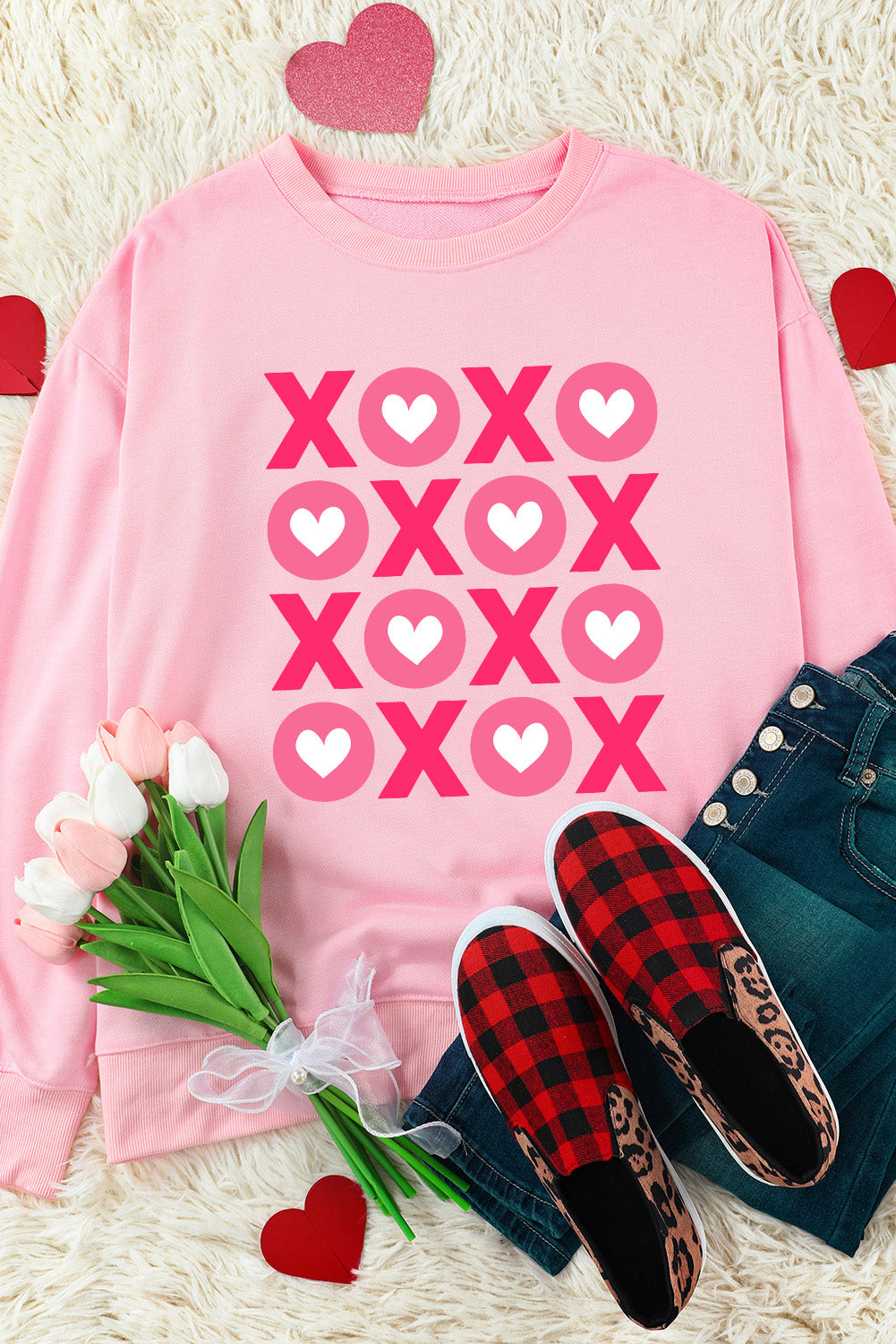 Pink XOXO Heart Print O Neck Drop Shoulder Sweatshirt Graphic Sweatshirts JT's Designer Fashion