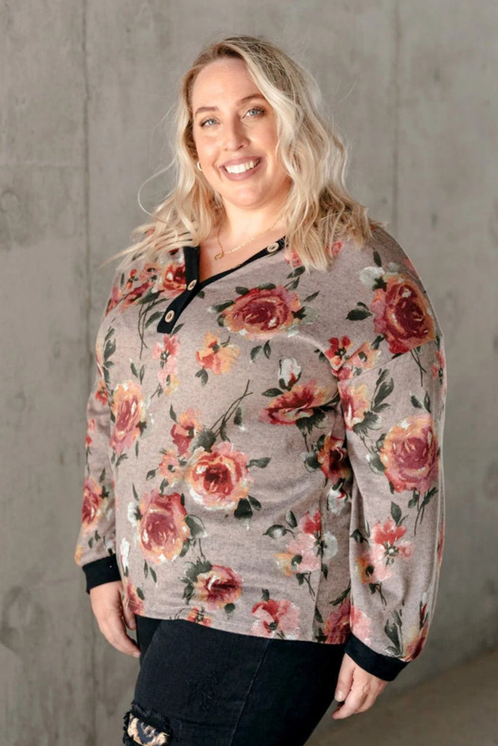 Gray Floral Long Sleeve Plus Size Henley Top Plus Size JT's Designer Fashion