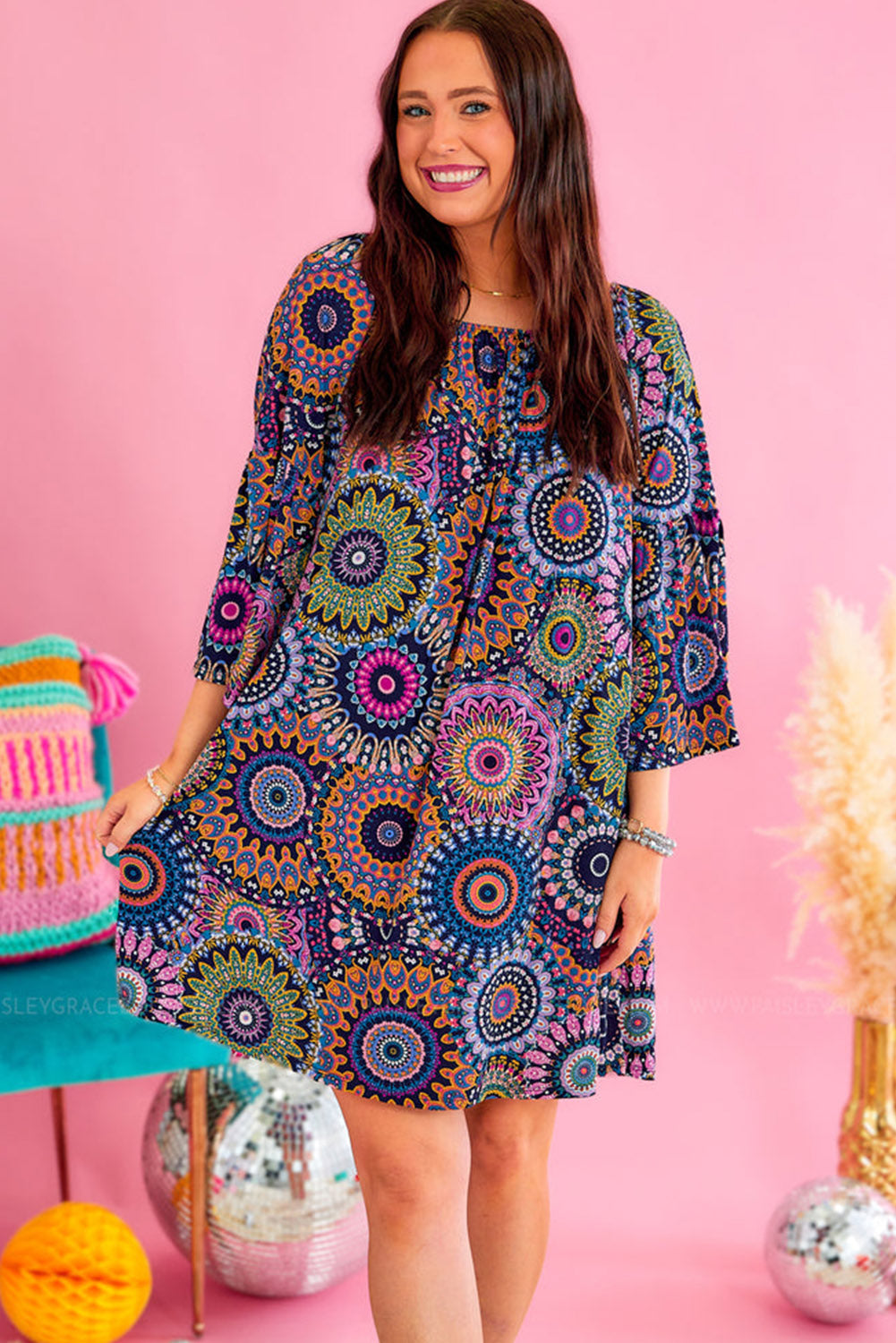 Multicolour Plus Size Paisley Print 3/4 Sleeve U-Neck Dress Plus Size JT's Designer Fashion