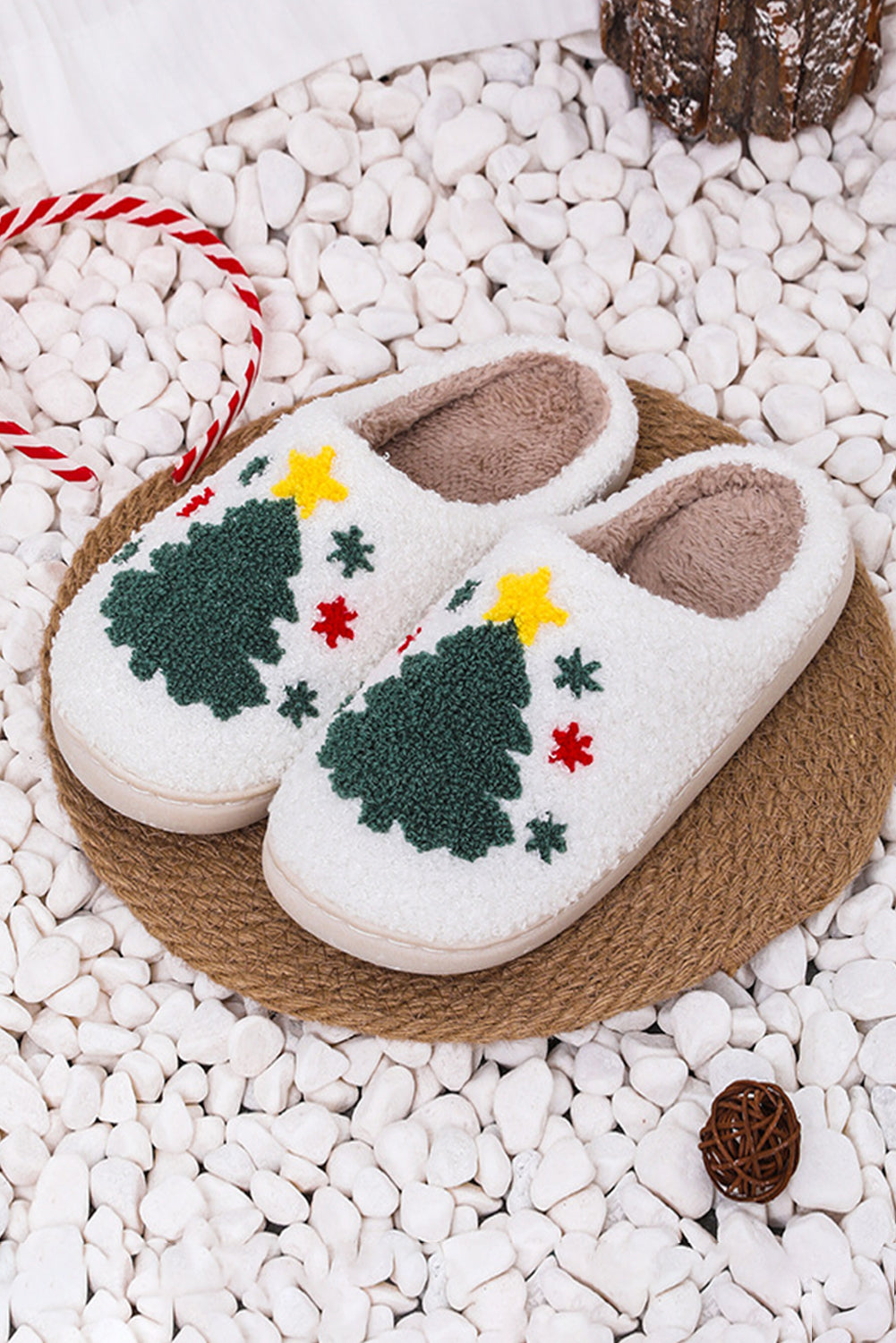 White Fuzzy Christmas Tree Pattern Home Slippers Slippers JT's Designer Fashion