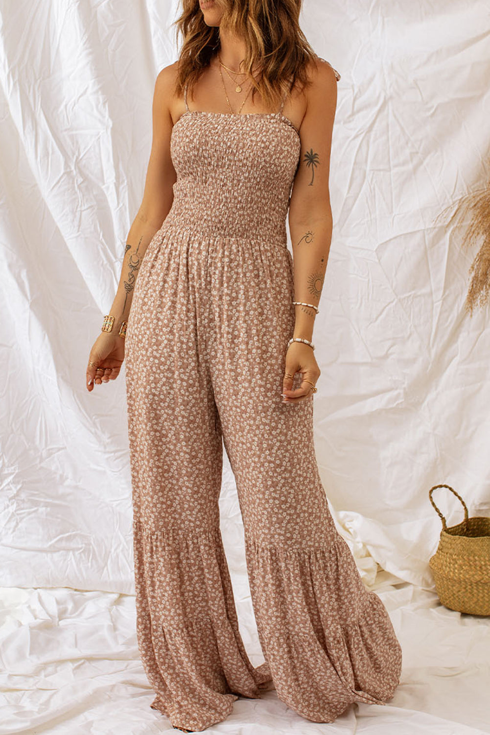 Khaki Thin Straps Smocked Bodice Wide Leg Floral Jumpsuit Jumpsuits & Rompers JT's Designer Fashion