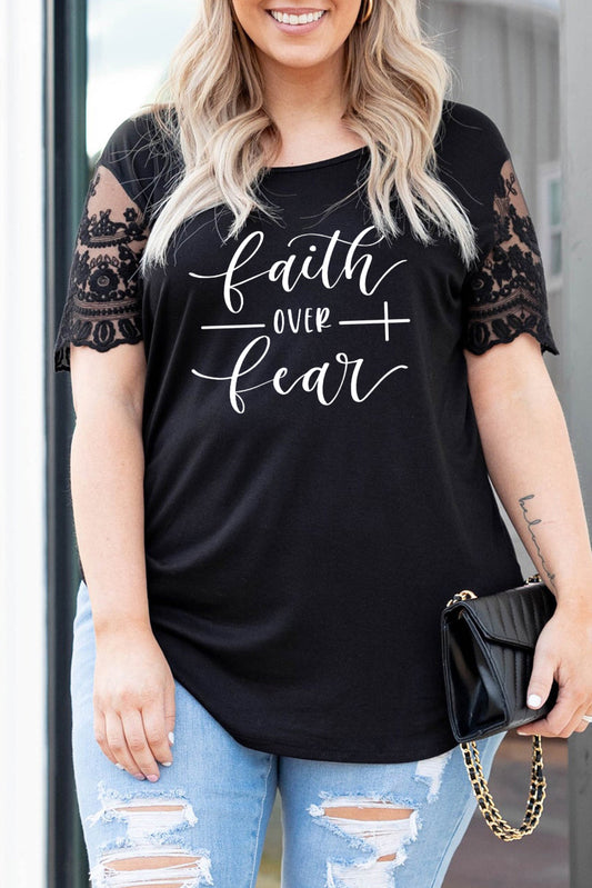 Black Black Black Faith Over Fear Lace Sleeve Plus Size Top Plus Size Tops JT's Designer Fashion