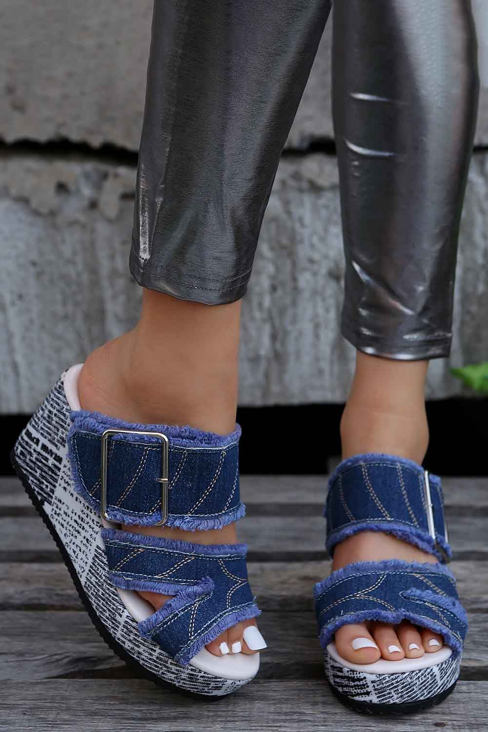 Blue Buckle Fringed Denim Wedge Slippers Slippers JT's Designer Fashion