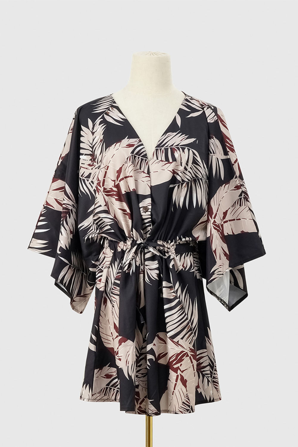 Black Geometric Print Button Drawstring Batwing Sleeve Dress Mini Dresses JT's Designer Fashion