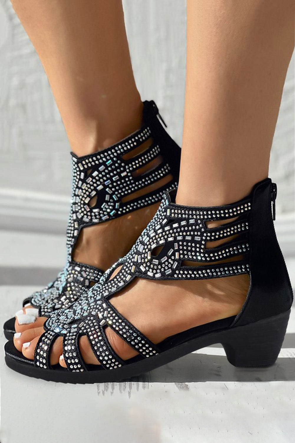 Black Rhinestone Hollowed Thick Heel Gladiator Sandals Sandals JT's Designer Fashion