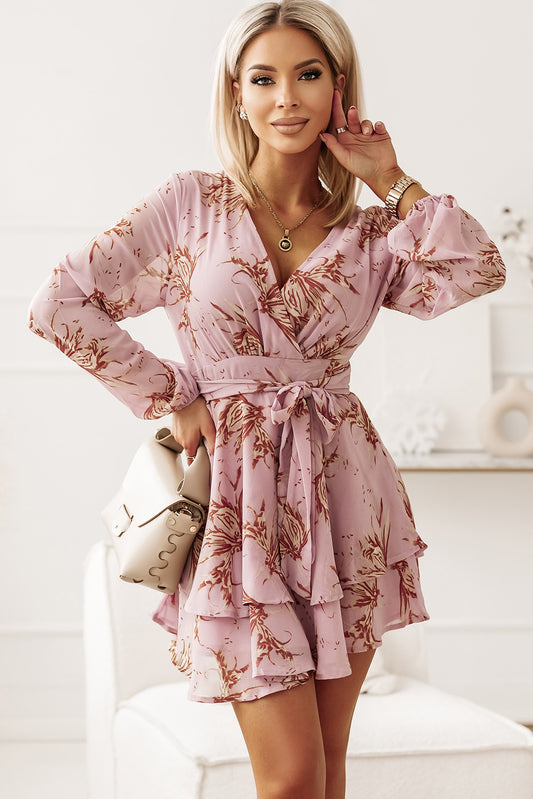 Pink V Neck Baggy Sleeve Waist Tie Double Layer Ruffle Hem Floral Print Short Dress Dresses JT's Designer Fashion