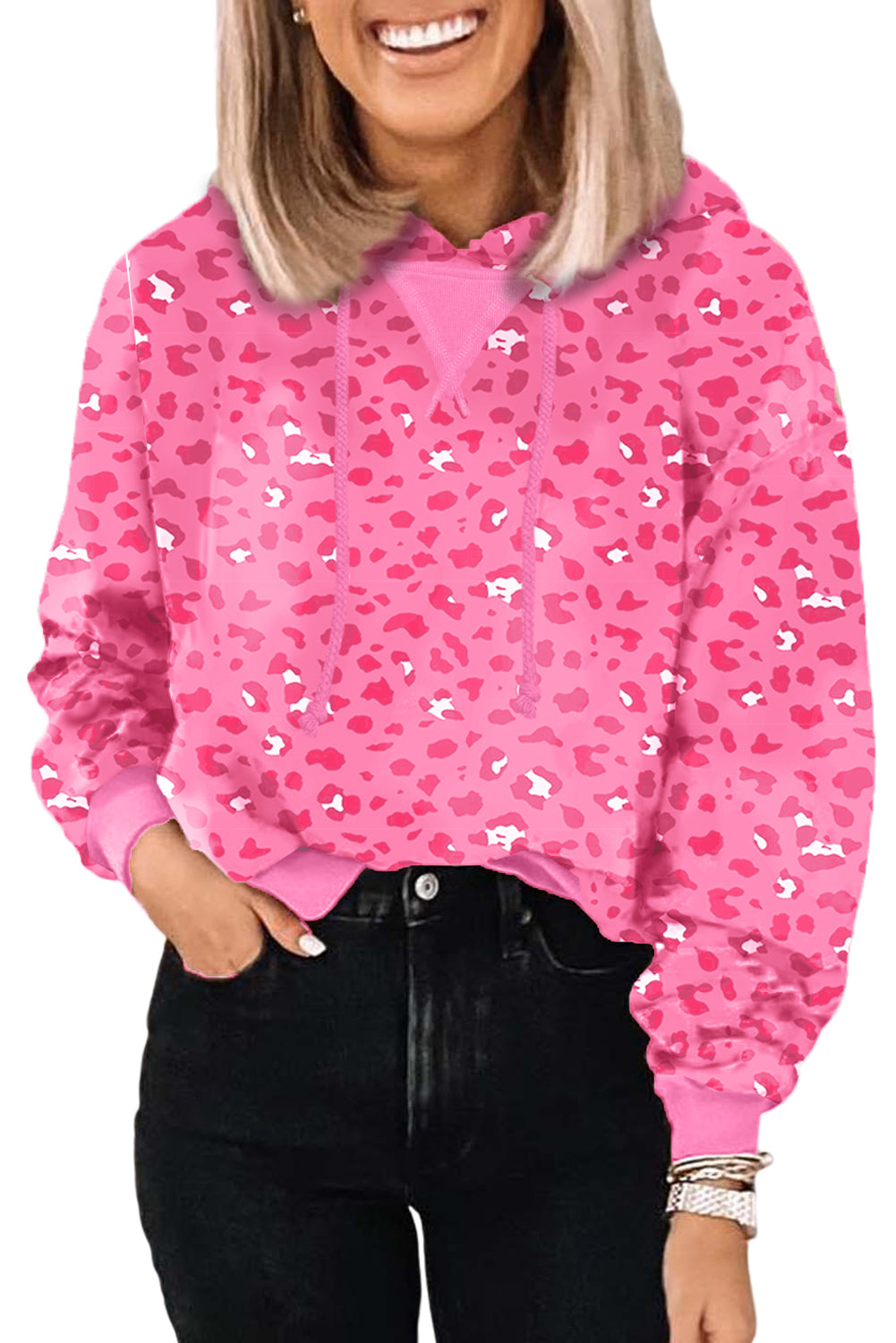 Pink Printed Long Sleeve Drawstring Cropped Hoodie Tops & Tees JT's Designer Fashion