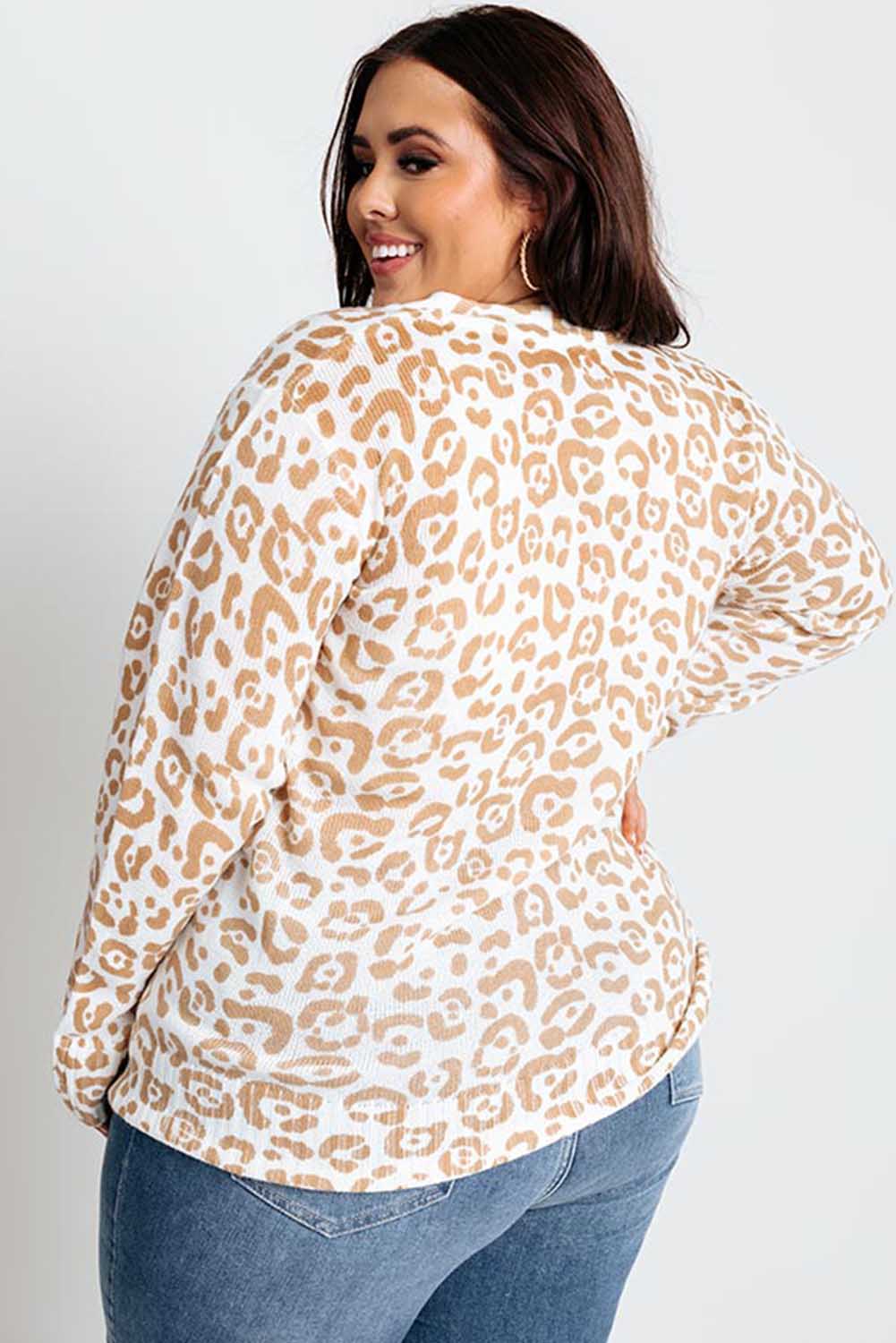 Leopard Ribbed Trim Plus Size Button Knitted Cardigan Plus Size JT's Designer Fashion