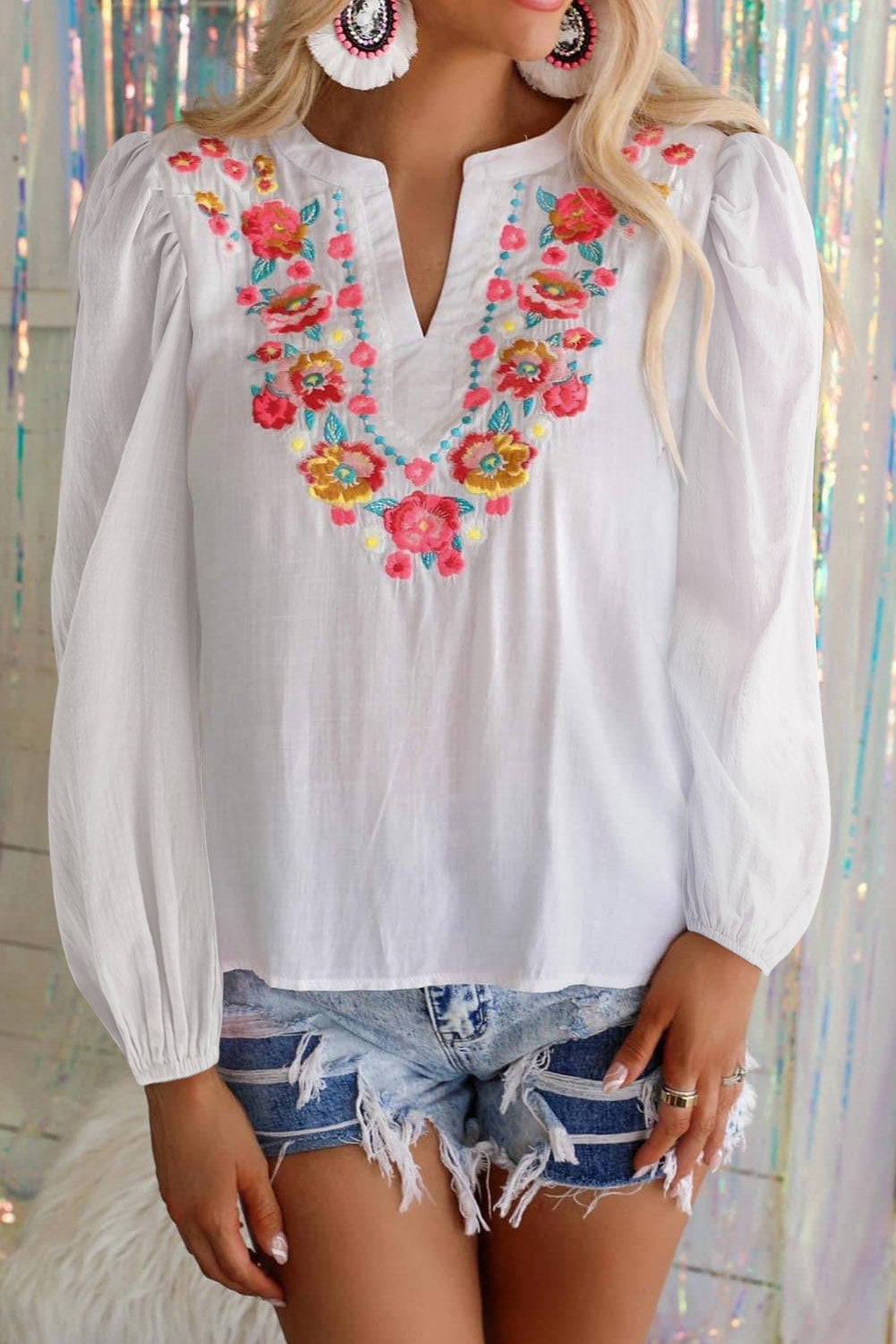 White Floral Embroidered Split V Neck Blouse Tops & Tees JT's Designer Fashion