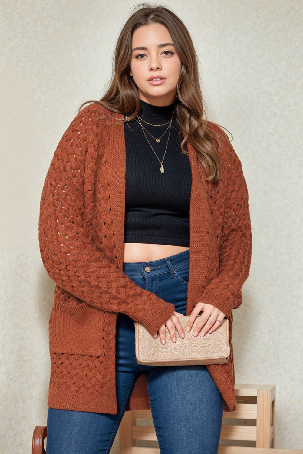 Chestnut Weave Knit Side Pockets Plus Size Cardigan Plus Size JT's Designer Fashion