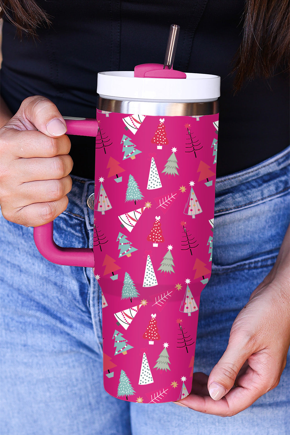 Rose Red Cartoon Christmas Tree Printed Thermos Cup Tumblers JT's Designer Fashion