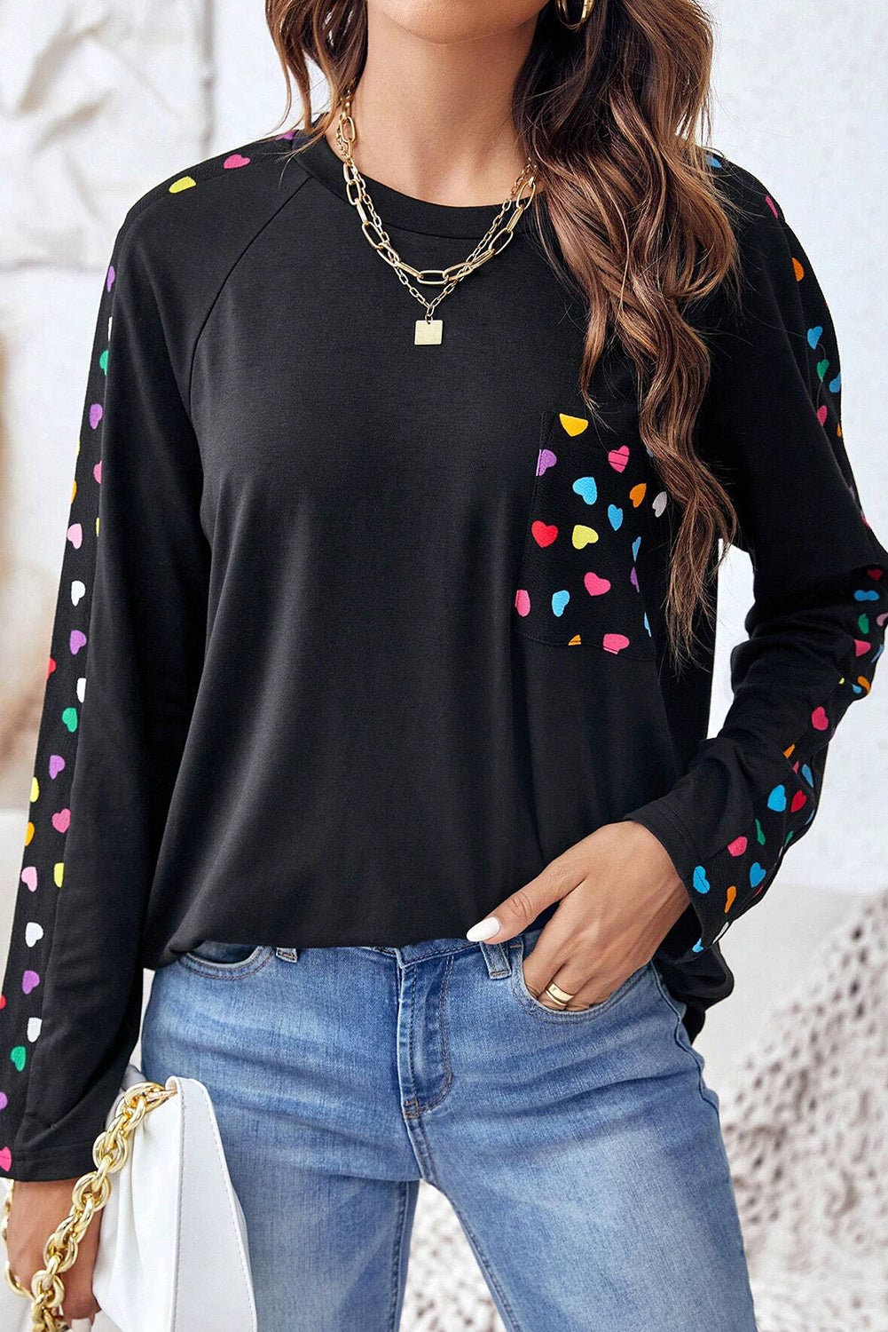 Black Colorful Heart Print Raglan Sleeve Patched Pocket Top Long Sleeve Tops JT's Designer Fashion