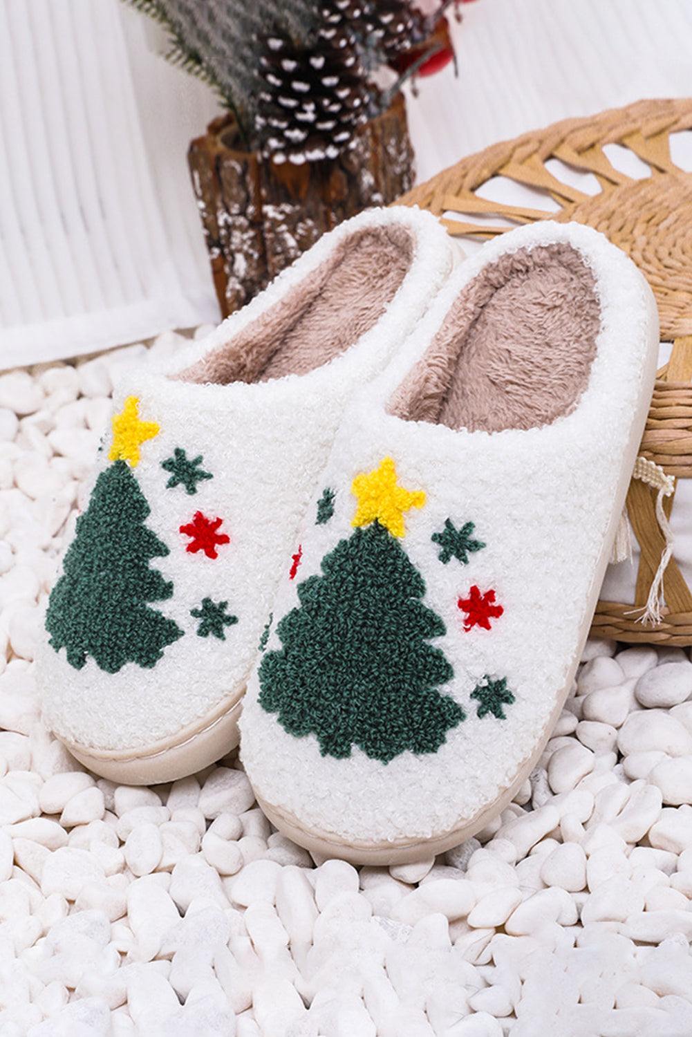 White Fuzzy Christmas Tree Pattern Home Slippers Slippers JT's Designer Fashion